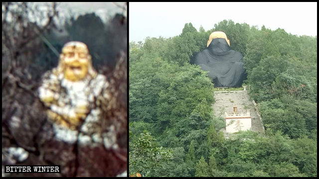 The Maitreya statue in Liuxian Valley before and after it was covered up.