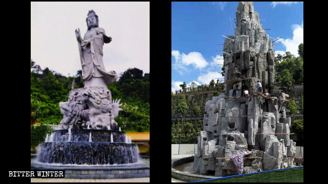 The Dripping-Water Guanyin statue in Shengquan cemetery has been hidden behind an artificial mountain, constructed with reinforced concrete.