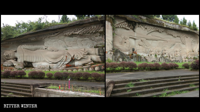 Reclining Buddha statue on Lingyun Mountain before it was covered.