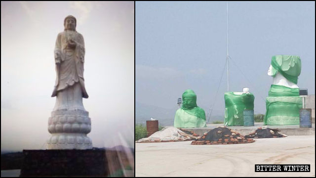The outdoor Buddhist statue in Fuquan Temple before and after being demolished