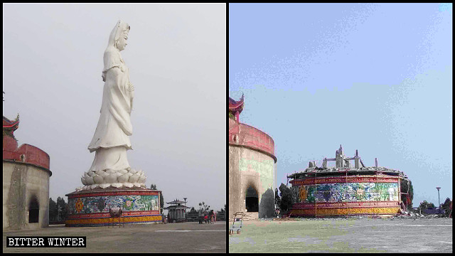 The Guanghan Temple’s Guanyin statue before and after the demolition.