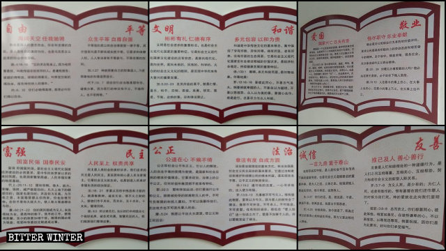 Propaganda boards comparing the core socialist values with verses from the Bible are displayed in churches.