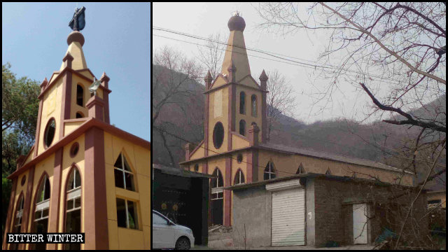 An unregistered Catholic church in Shijiazhuang’s Pingshan county was turned into an activity center after its crosses had been removed.