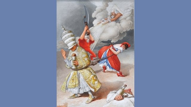 Amusant, mais pas tout à fait exact. Inspiré par Voltaire, ici c’est Combes qui par la loi de 1905 tranche le nœud entre l’Église et l’État. Caricature anonyme, Centre national et musée Jean-Jaurès.