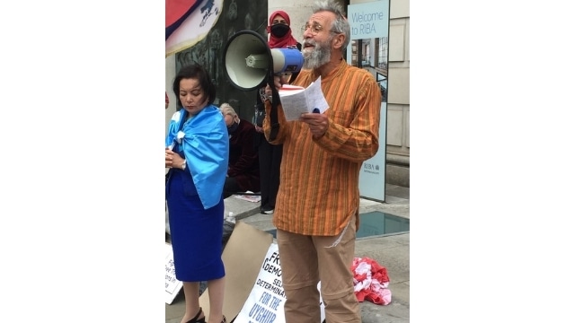 Jews and Uyghurs united in protest. Right, Sheldon Stone, a prominent Jewish advocate for Uyghur rights at the London event.