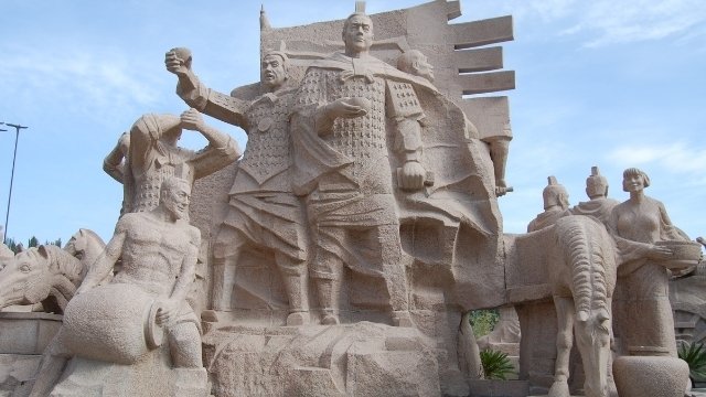 Monument to Huo Qubing (center) in Jiuquan, Gansu province.