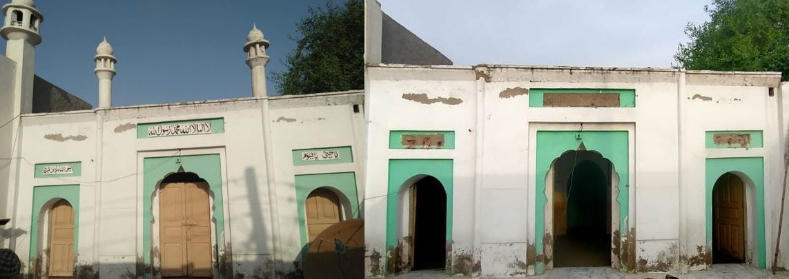 Last month, the Punjab Police demolished the minarets of a 72-year-old Ahmadiyya place of worship at Chak 57 GB, Ghiala, District, Faisalabad and erased kalimas inscribed on its wall. From Twitter.