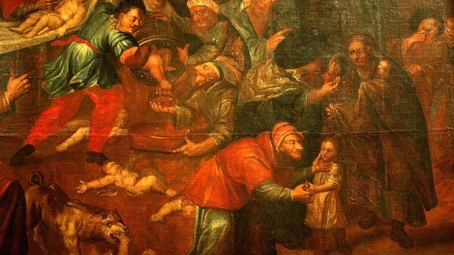 A 18th-century painting of the blood libel in the cathedral of Sandomierz, Poland. Credits.