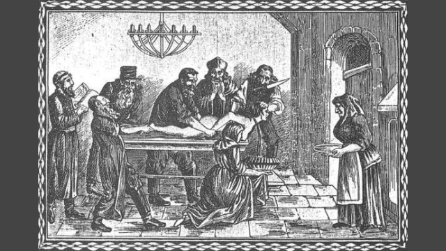 The ritual murder of Tisza-Eszlár, Romanian anti-Semitic woodcut.