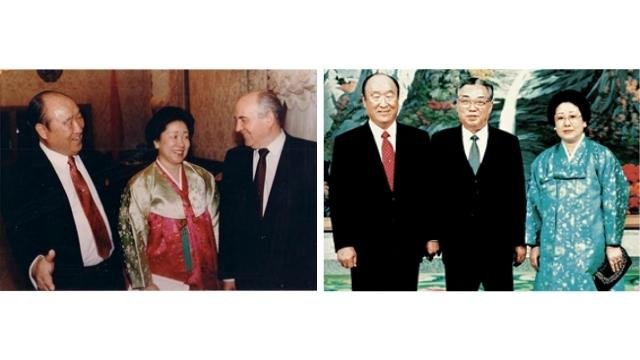 Rev. and Mrs. Moon meet with Mikha&iuml;l Gorbatchev, president of the Soviet Union, in 1990, and with North Korean Premier Kim Il Sung, in December 1991.