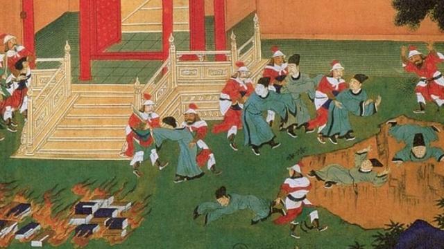 Confucianism: “Burning the books and burying the scholars,” detail of a 18th-century painted album leaf. 