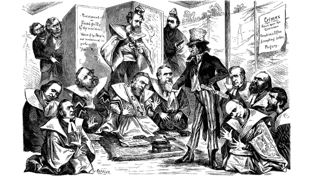 Uncle Sam directing those implied in the Crédit Mobilier scandal to commit hara-kiri, cartoon in “Frank Leslie's Illustrated Newspaper,” March 8, 1873. 