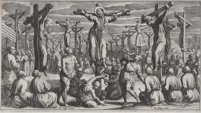 １５９７年に長崎ではりつけにされた切支丹たち。ヴォルフガング・キリアン（1581-1663）による版画。Credits.
