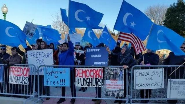Uyghur protests against crimes against humanity in Xinjiang. Courtesy of the World Uyghur Congress.