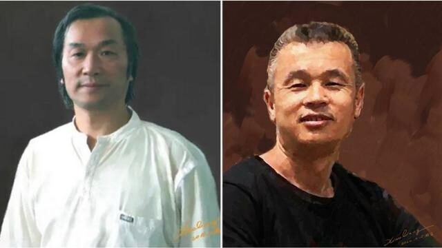 Painter Xiao Liang and his now famous portrait of Peng Lifa. From Twitter.
