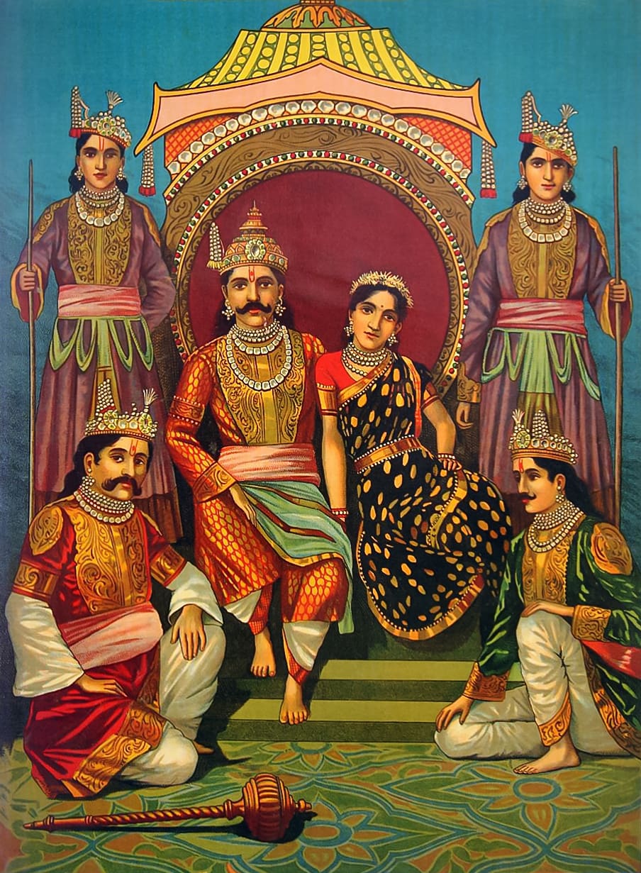 Raja Ravi Varma (1848–1906), “The Pandava Brothers and Their Common Consort Draupadi.” Credits.