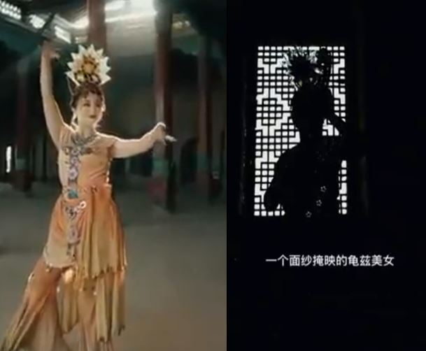 From the CCP propaganda video: left, a young Uyghur woman dressed as a Buddhist, dances in the Kuqa Mosque, to persuade the audience of the natural cultural blend between religions: right, a “veiled” Uyghur Buddhist beauty waits behind the latticed screen before entering the prayer hall to dance.
