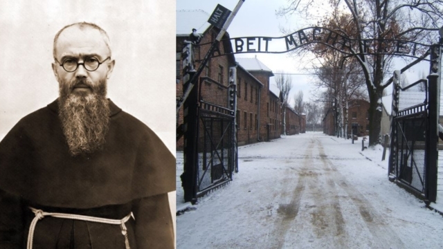Father Maximilian Maria Kolbe (1894–1941, credits) and the entrance of the Auschwitz concentration camp (credits).