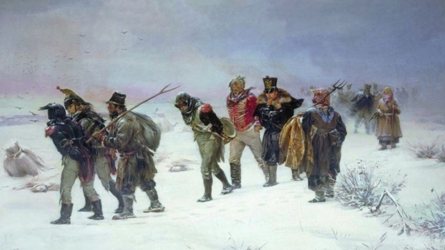 Napoleon’s troops retreating from Russia in 1812, in a painting by Illarion Pryanishnikov (1840–1894) inspired by Tolstoy’s “War and Peace.” Credits.