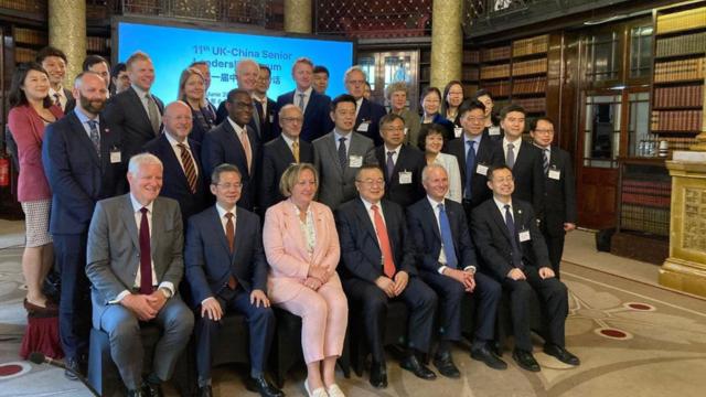 Meeting of the Great Britain China Council leadership forum with guest of honor, architect of China’s oppressive transnational policies, Liu Jianchao (front row centre right) next to UK Minister of State Anne-Marie Trevelyan, who gave the keynote speech. From Twitter.
