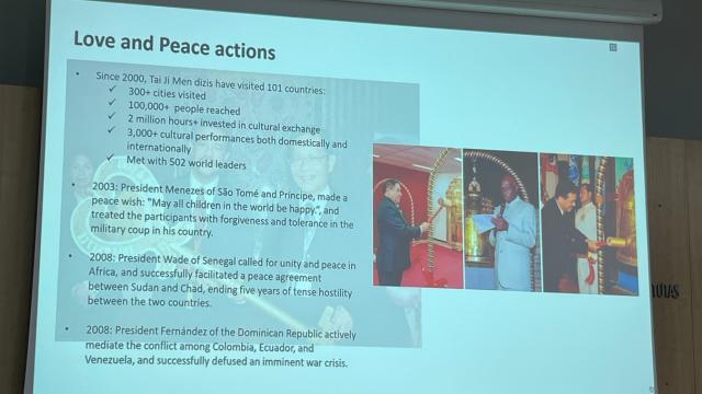 A slide of the lecture illustrated Tai Ji Men’s continuing love and peace activities.