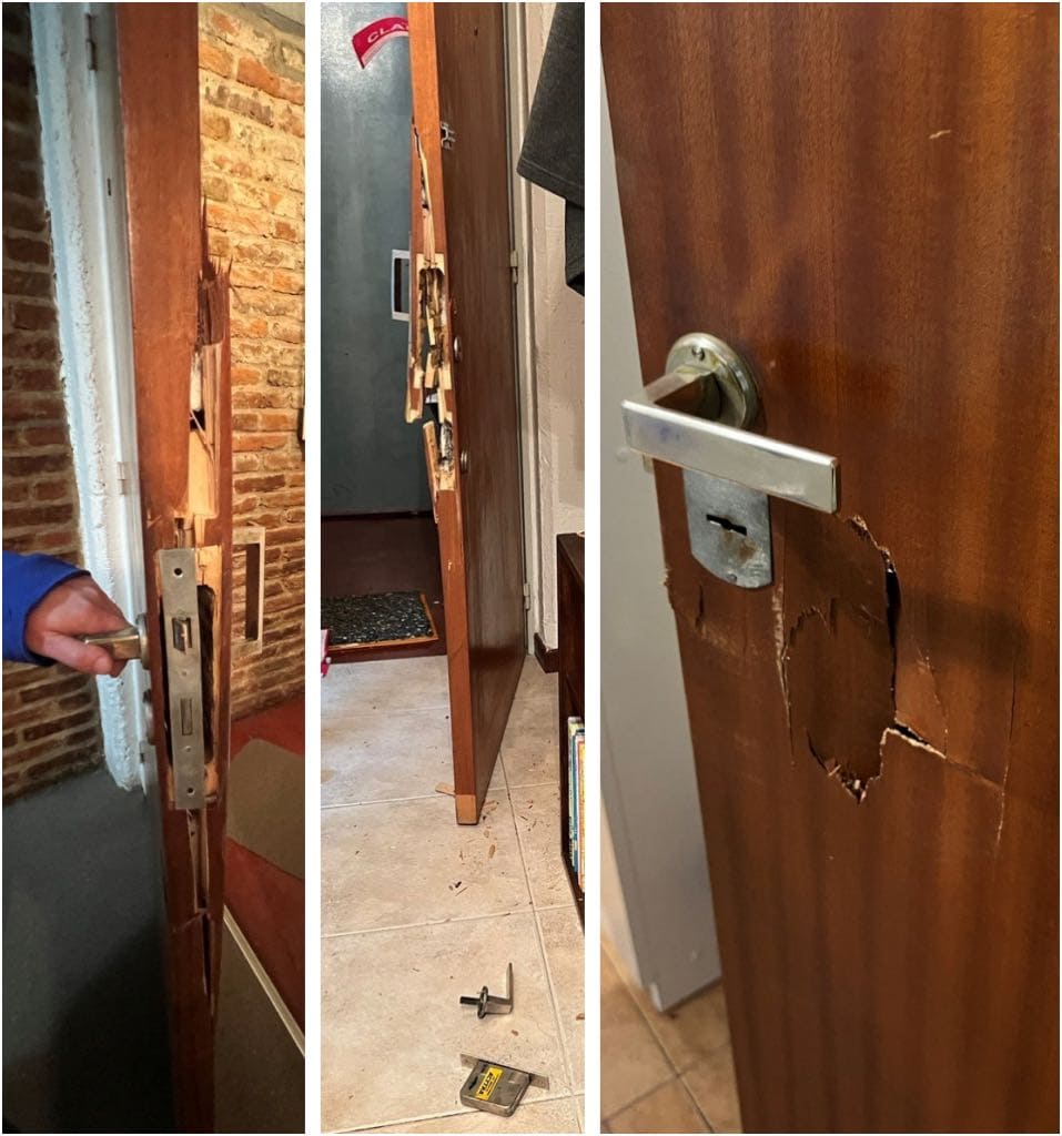 Detalle de la destrucción de las puertas de los domicilios particulares de miembros de EYBA allanados el 12 de Agosto de 2022. Los propietarios de estas puertas habían ofrecido las llaves a la policía.