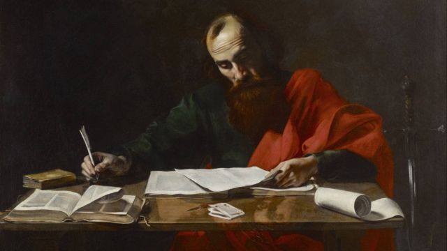“Apostle Paul Writing His Epistles,” attributed to Valentin de Boulogne (1591–1632). Credits.