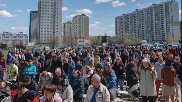 Members of New Life Church gather outdoors in Minsk after their church building has been destroyed. From Facebook.