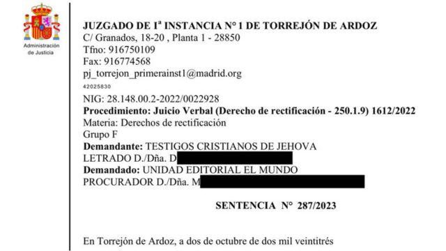 La sentenza del Tribunale di primo grado n. 1 di Torrejón de Ardoz (i nomi delle persone coinvolte sono oscurati per motivi di privacy).