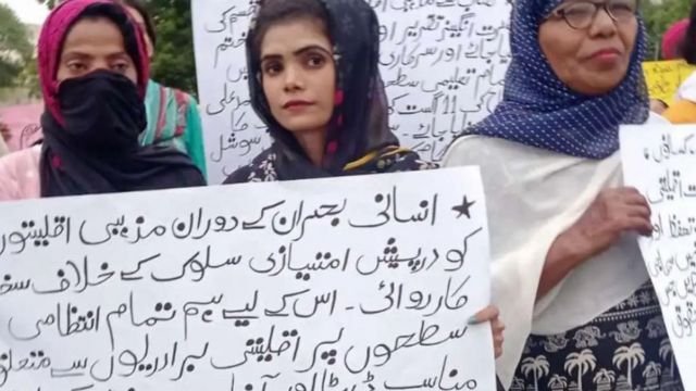 Women from Christian, Hindu, and other religious minorities march against violence targeting them in Pakistan, which includes forced marriages, abductions, rape, and even homicide. From X.
