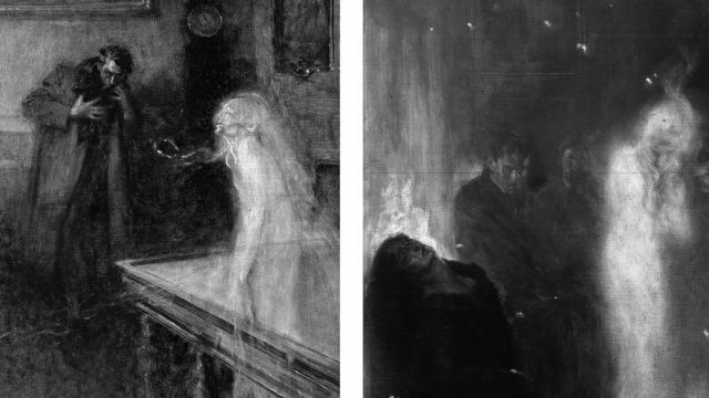 Macchiati, “La Visionnaire,” left (1904) “Une apparition hallucinante,” illustration for “Notre enquête sur l’au-delà,” in “Je sais tout” 94, November 15, 1912, p. 557.