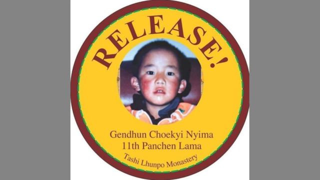 A button advocating the release of the abducted Panchen Lama Gedhun Choekyi Nyima. From Facebook.