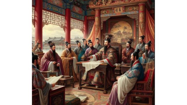 Political “wu wei”: the emperor instructs his ministers in the art of government. AI-generated.