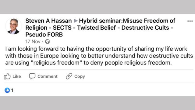 ブリュッセルのイベントに関する Steven Hassan の Facebook 投稿。 いいねも1件もらいました。