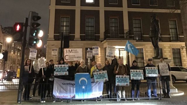 A crowd of Uyghurs and supporters, gathered outside the Chinese Embassy in London to commemorate the Ghulja Massacre of February 1997.