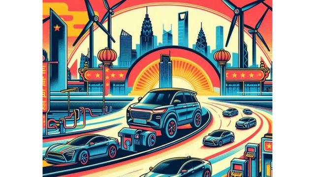 中国製の電気自動車を宣伝する初期の中国のポスターを AI で生成して精緻化したもの。