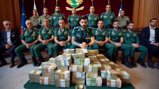 Artistic AI-generated rendering of Italian law enforcement officers showing stacks of banknotes confiscated during an anti-money-laundering operation.