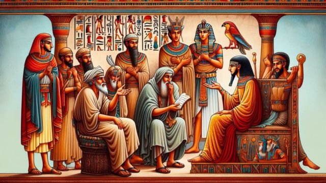 The Eloquent Peasant story. Khun-Anup assisted by Rensi makes his case at the court of the Pharaoh (AI-generated).