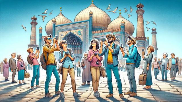 海外の無実の人々: 素朴な西洋人観光客と新疆ウイグル自治区の多かれ少なかれ偽ウイグル人の風刺画 (AI が生成)。