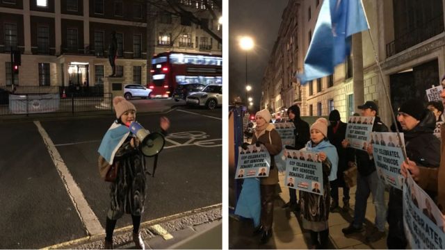 Rahima Mahmut, U.K. Director of the World Uyghur Congress (left), addressing the crowd gathered outside the Chinese Embassy in London (right). to commemorate the Ghulja Massacre of February 1997.