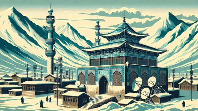 ハイテク衛星アンテナと監視アンテナ (AI 生成) に囲まれた「中国化された」新疆のモスク。