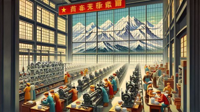 Uyghurs “gladly” working in a large factory. AI-generated elaboration from propaganda posters.