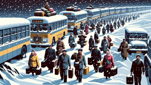 Workers from Xinjiang are bused to faraway provinces to work and “alleviate poverty” there. AI-generated elaboration from propaganda posters.