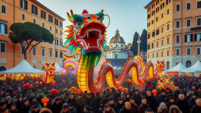 AI-generated idealized image of Chinese New Year celebrations in Rome (see comment in the caption of image 1).