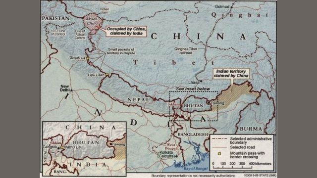 CIA が作成した 2006 年の中国とインド間の「実効支配線」の地図。クレジット。
