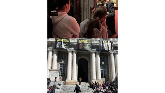 Schoolchildren visiting the exhibition and resting after the visit.
