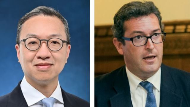 For and against the new law: Secretary Paul Lam Ting-kwok (left; source: Government of Hong Kong) and Benedict Rogers (right, from X).