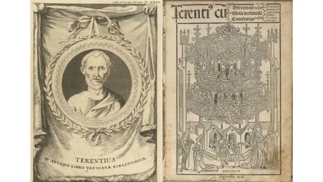 Terentius (ca. 190–159 BCE) in an engraving by Pieter van Cuyck (1720–1787: credits) and the 1496 edition of his works (credits).