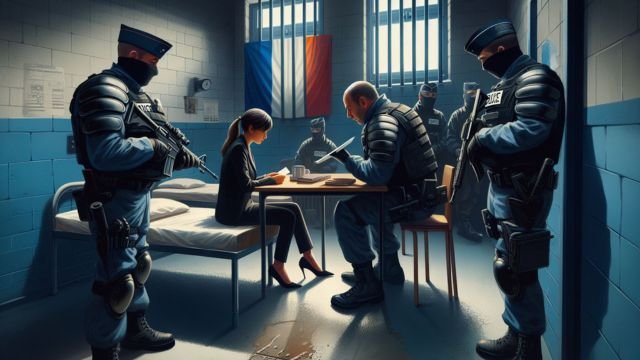 A detained MISA student receives pressure from the police to sign a document (AI-generated).