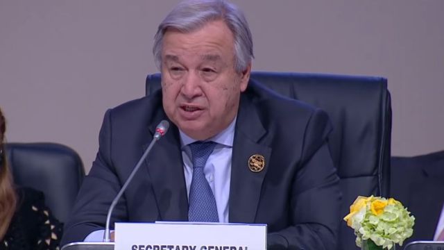 United Nations  Secretary-General António Guterres speaking at the UN event commemorating the 70th anniversary of the Universal Declaration of Human Rights. Screenshot.